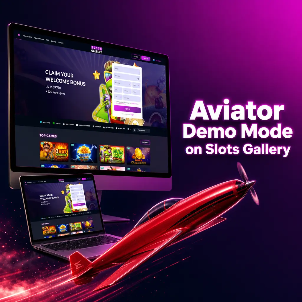 Aviator demo mode at Slots Gallery letting players practice with virtual credits risk-free before placing real bets