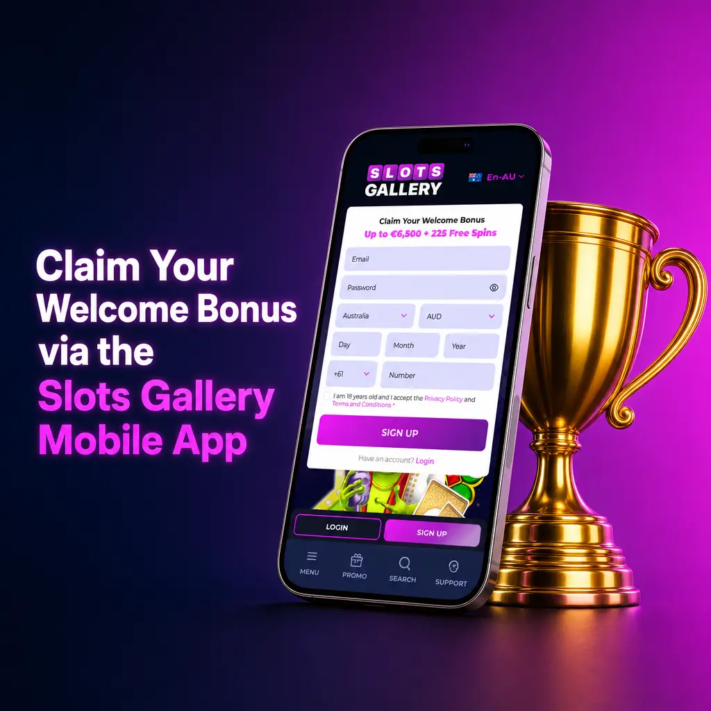 Slots Gallery mobile app on Android and iOS for claiming welcome bonus with casino games and sports betting
