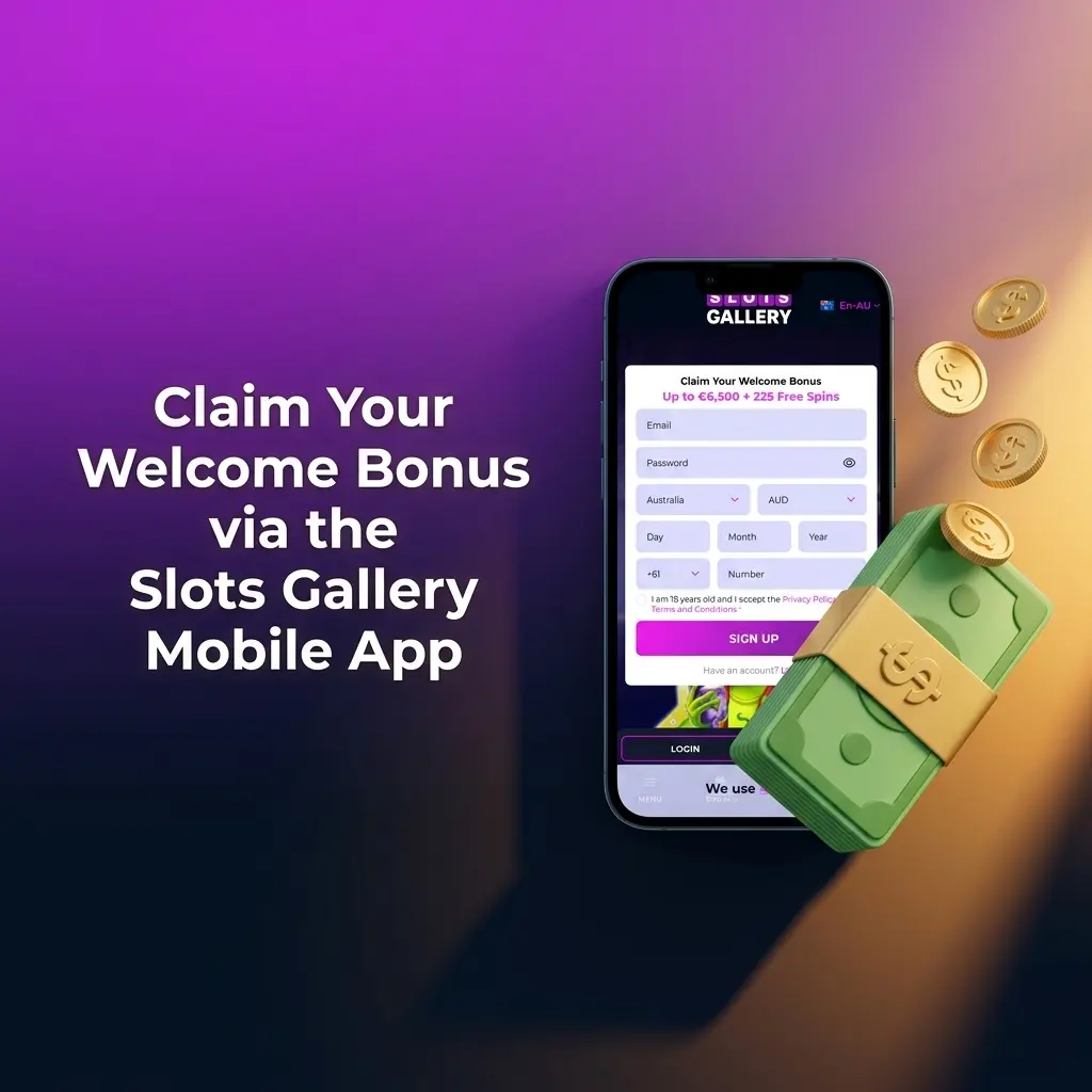 Slots Gallery mobile app welcome bonus claim steps on Android and iOS with deposit and free spins activation