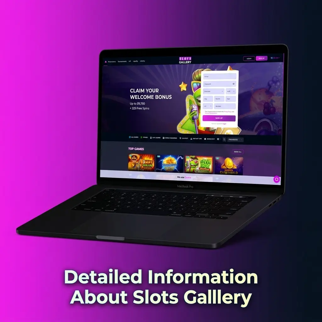 Slots Gallery platform overview showing sports betting markets, casino games, mobile apps, and security features for Australian players