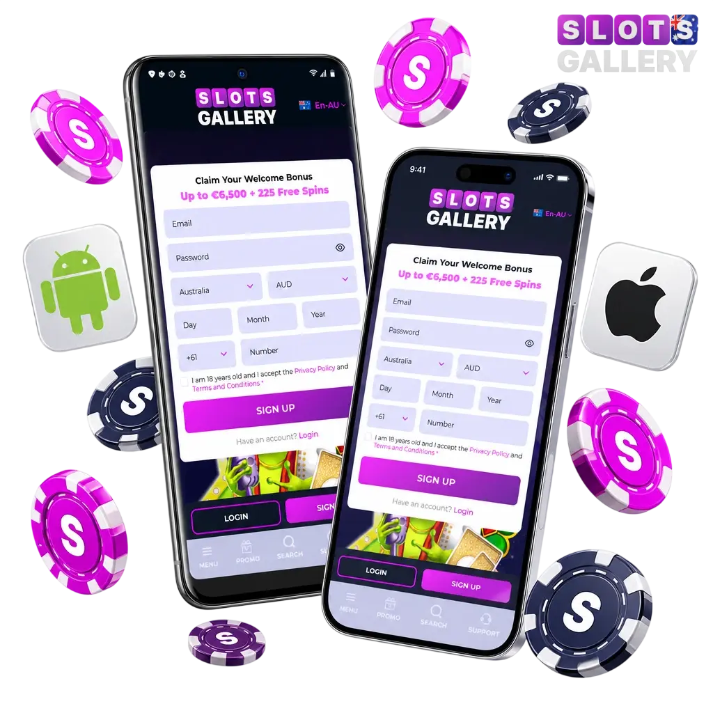 Slots Gallery mobile app download page showing Android APK and iOS options for Australian casino players