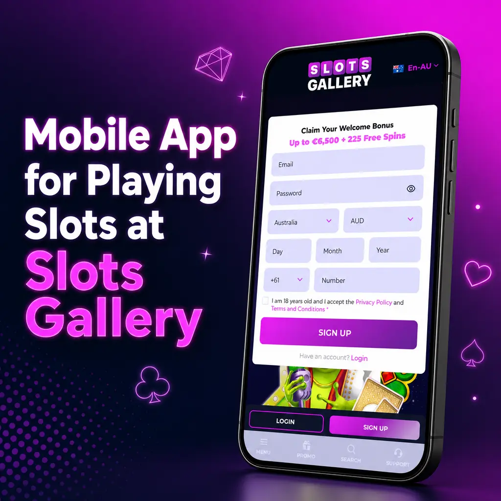 Slots Gallery mobile app interface showing slots lobby with touchscreen navigation and account features on a smartphone