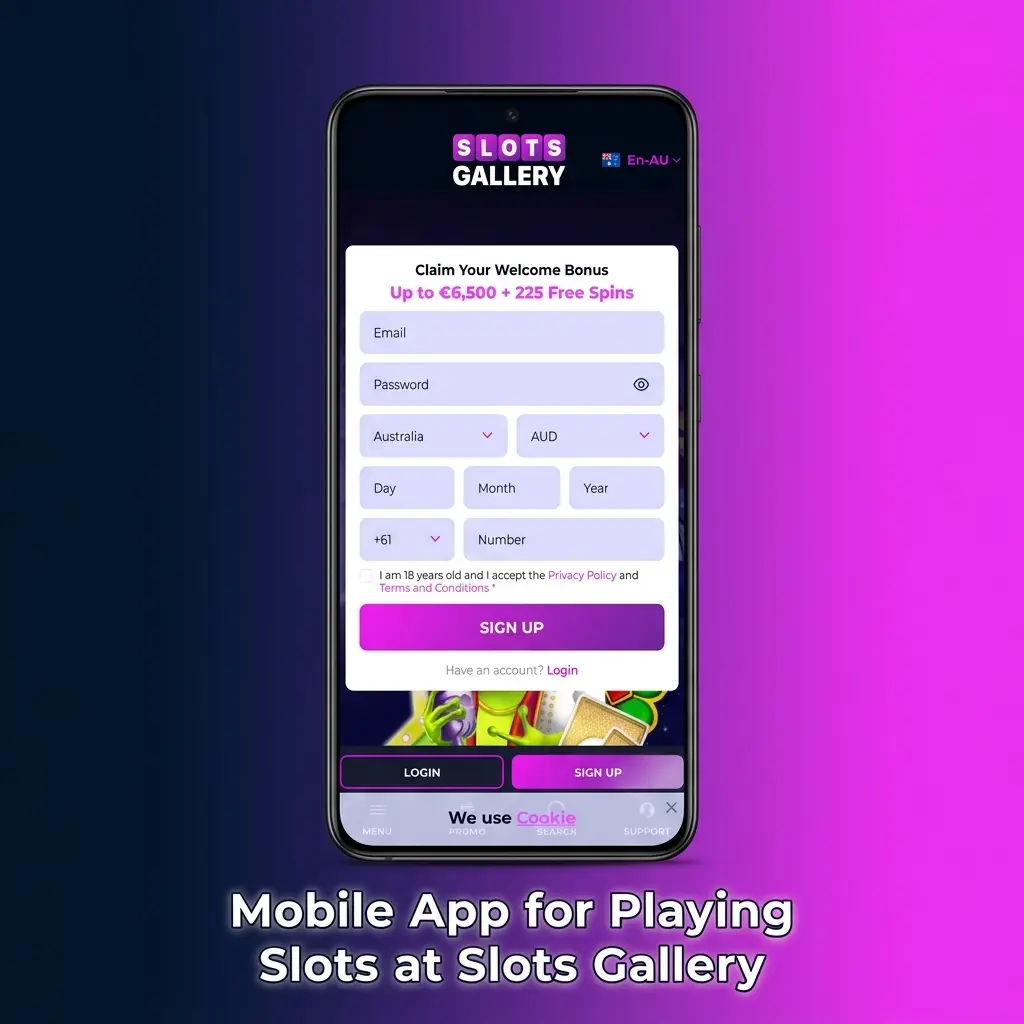 Slots Gallery mobile app interface showing slots lobby with touchscreen navigation and gameplay features on smartphone