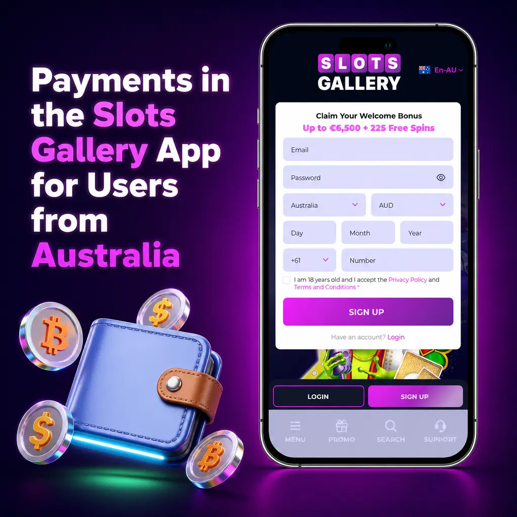 Slots Gallery app payment methods for Australian users including Visa, Mastercard, Apple Pay, PayID, and crypto