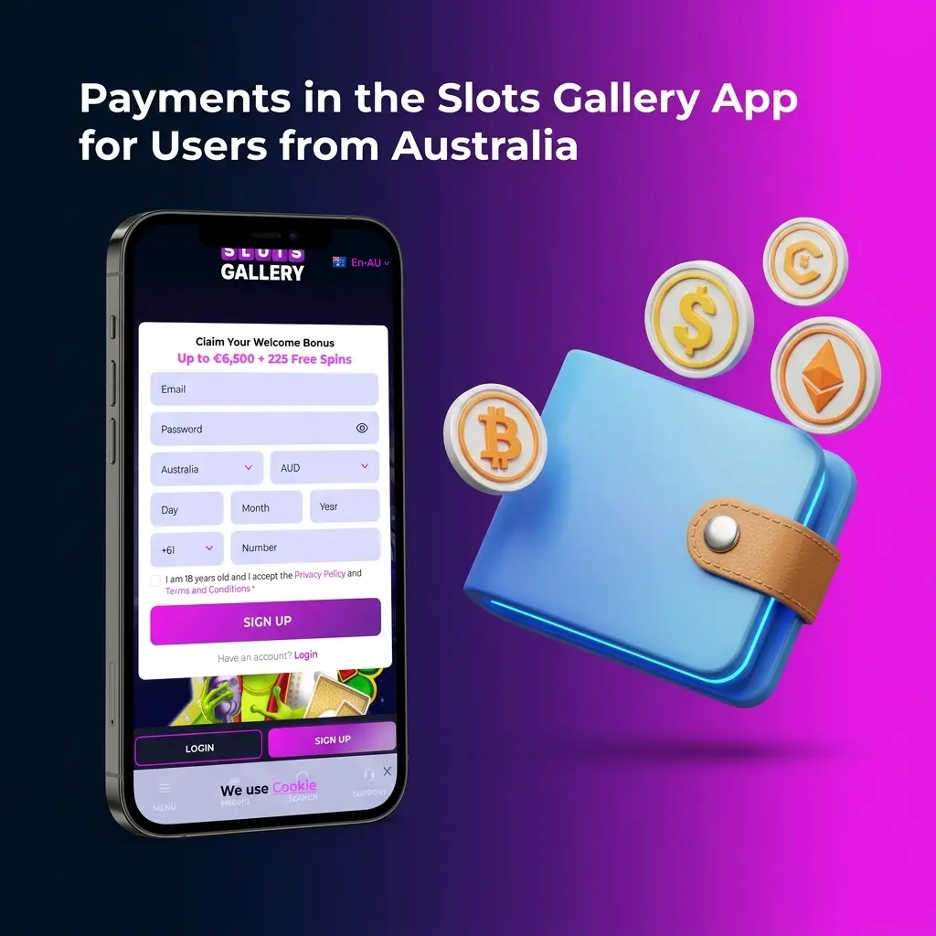 Slots Gallery app payment methods for Australian users including Visa, Mastercard, Apple Pay, PayID, and crypto