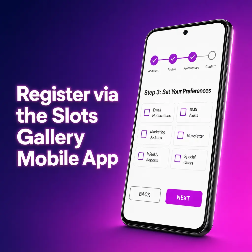Slots Gallery mobile app registration screen on a smartphone showing sign up options for Australian players