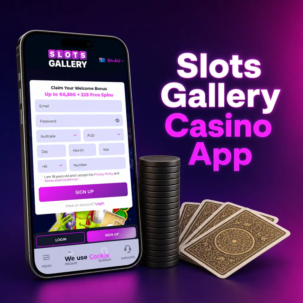 Slots Gallery casino app home screen showing live casino games, slots library, and sports betting interface on mobile