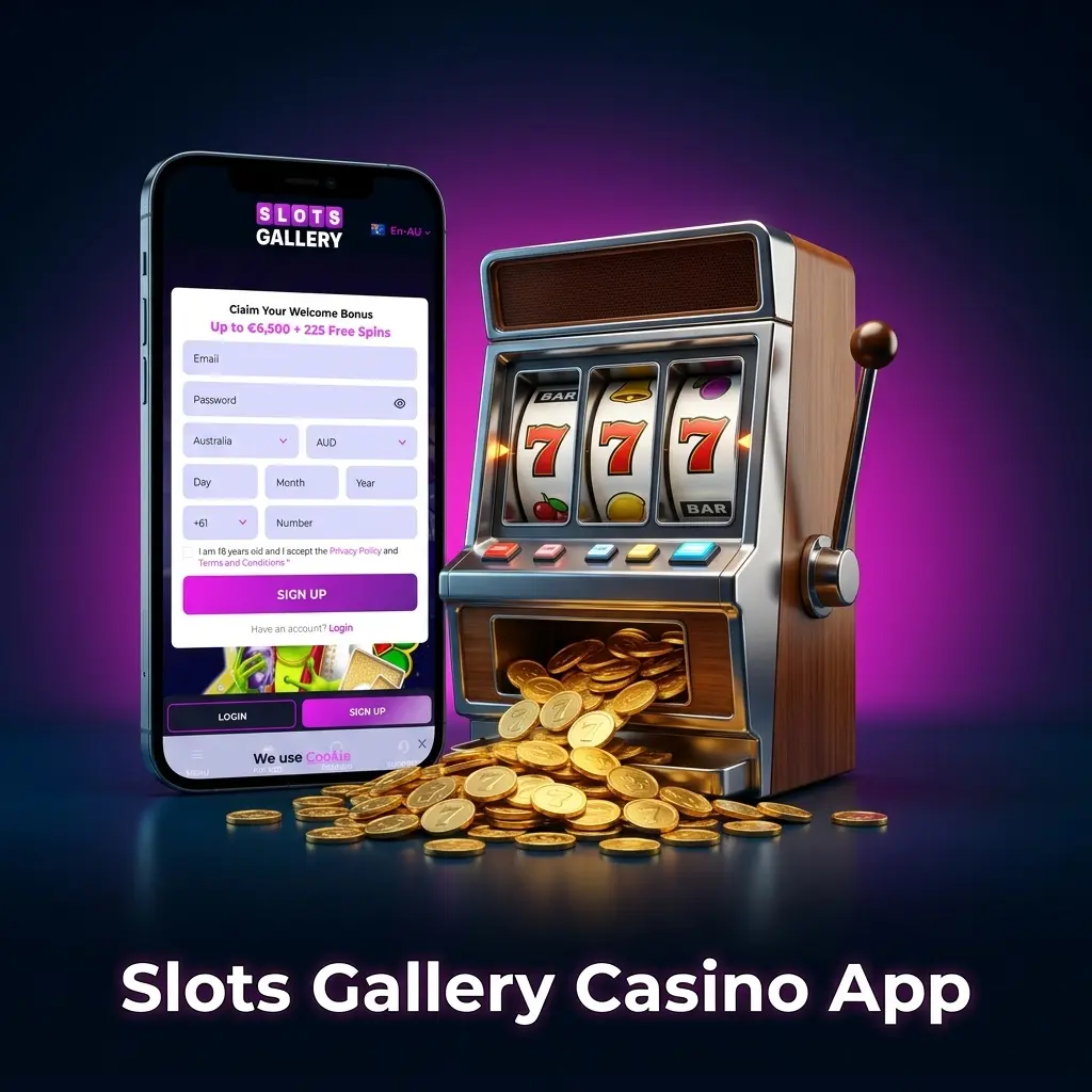 Slots Gallery casino app home screen showing live casino games, slots, and table games from top providers like Pragmatic Play and NetEnt
