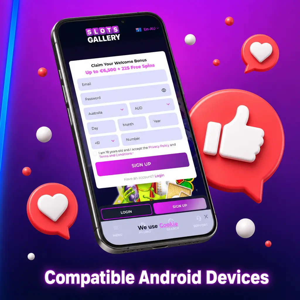 Slots Gallery app compatible Android devices including Samsung, Google Pixel, OnePlus, Oppo, Xiaomi, Motorola, Nokia, Realme, Sony