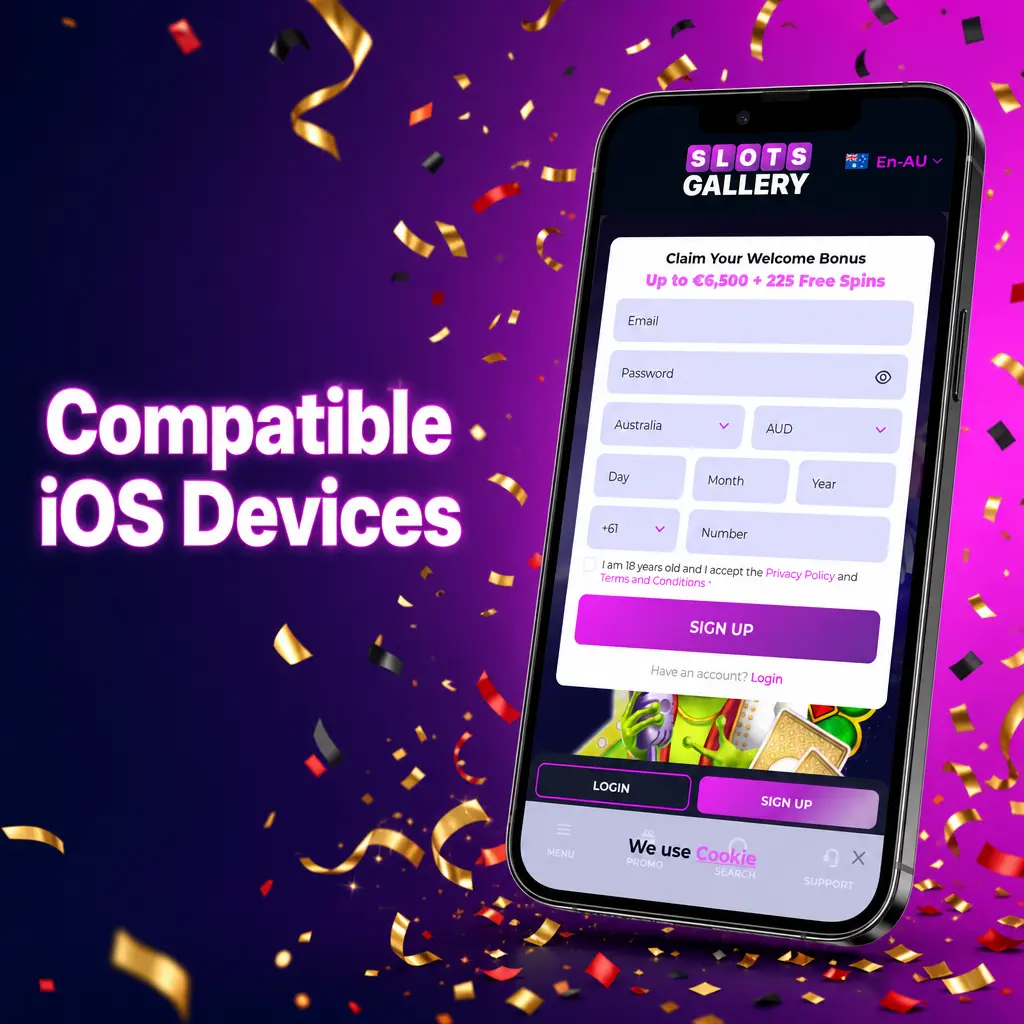 List of compatible iOS devices for Slots Gallery app including iPhone X through 17 series and iPad Air and Pro models