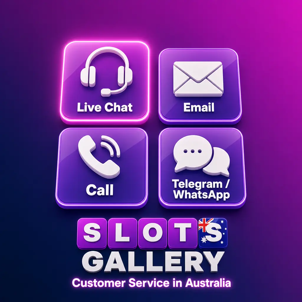 Slots Gallery 24/7 customer support team assisting Australian players via live chat and email on website and mobile app