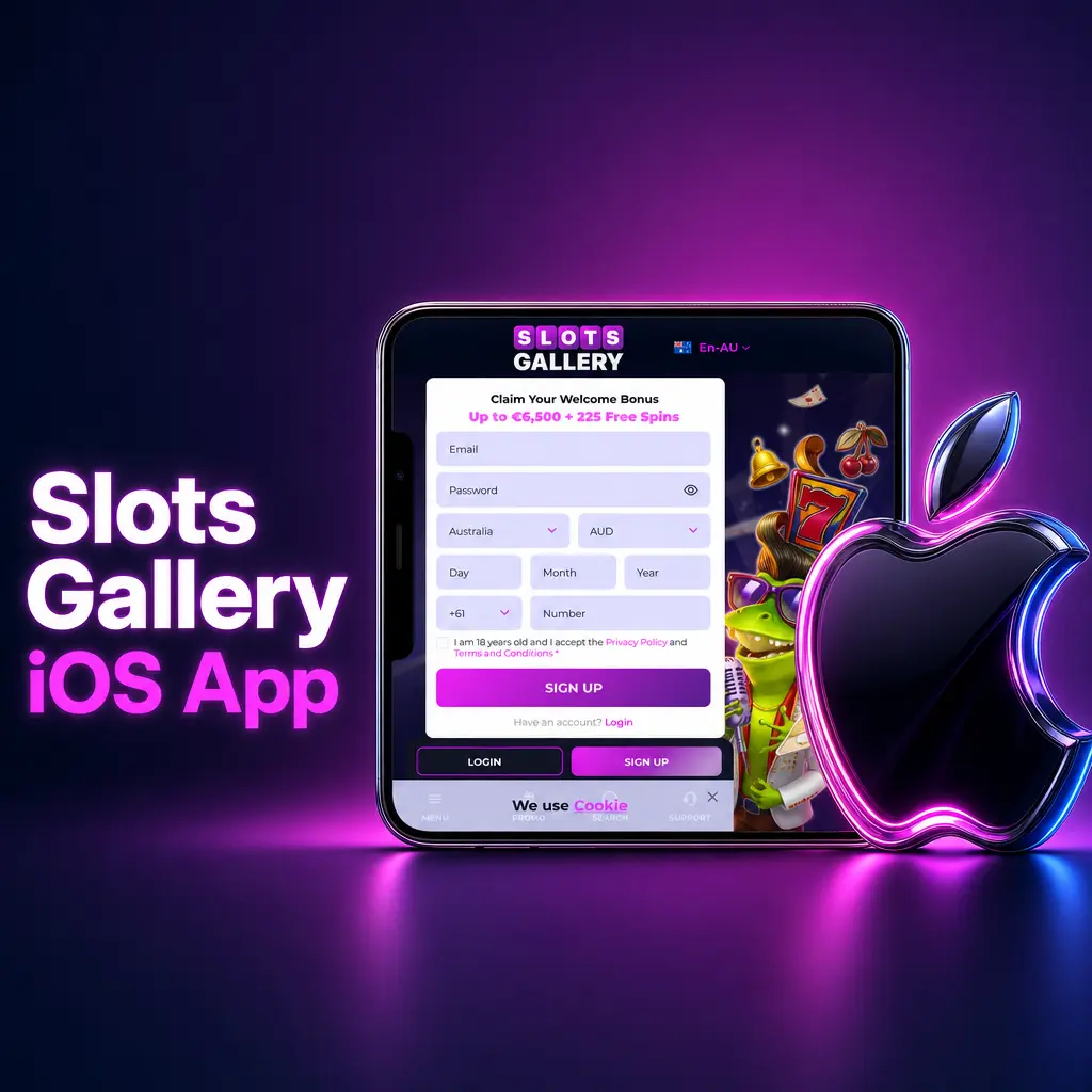 Slots Gallery iOS app interface displayed on iPhone and iPad showing casino games and sports betting features