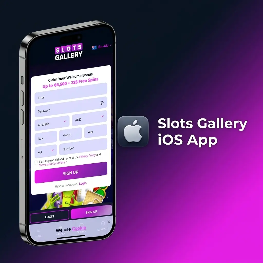 Slots Gallery iOS app interface on iPhone and iPad showing casino games and sports betting features for Australian players