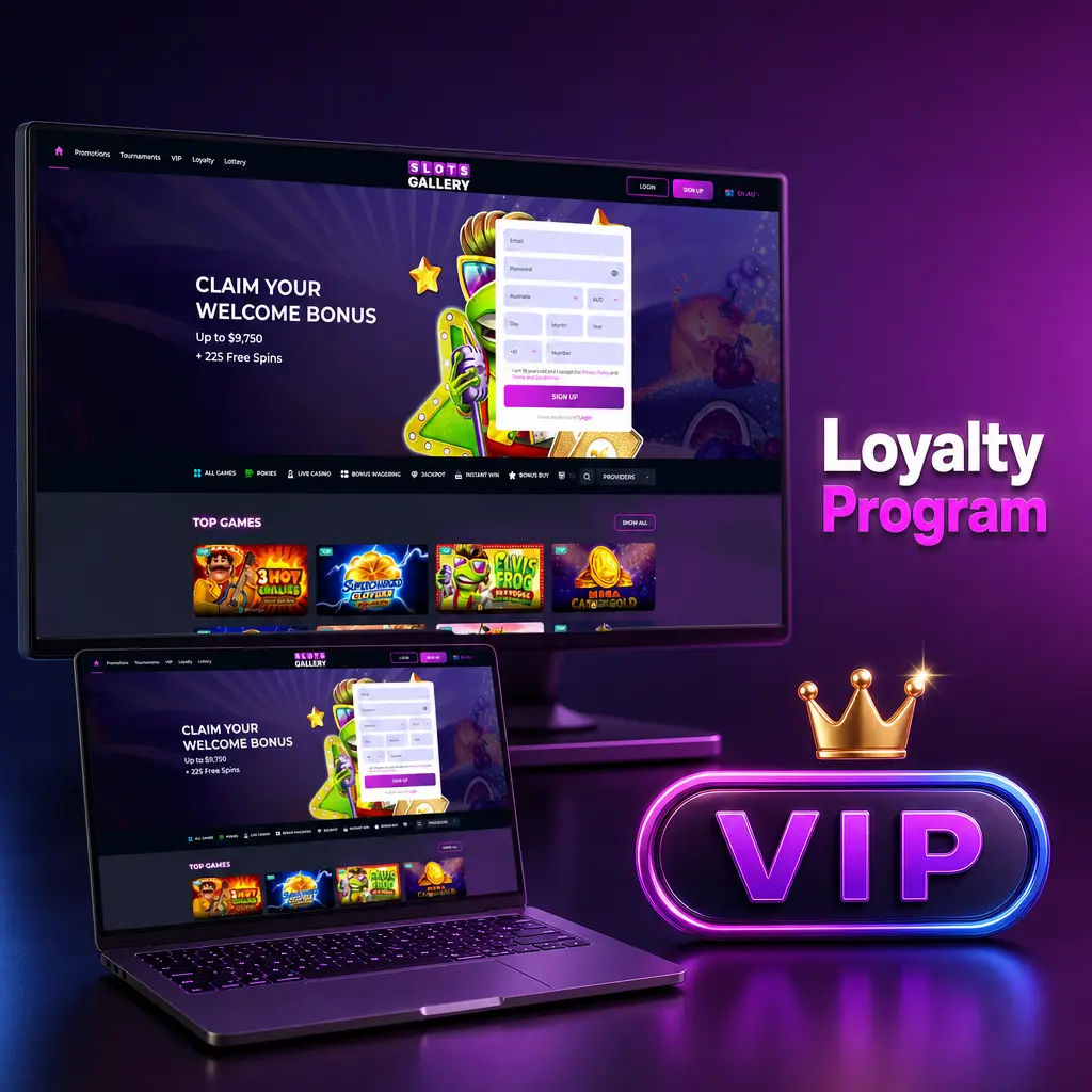 Slots Gallery tiered loyalty program chart showing Bronze to Diamond tiers with rewards and point requirements
