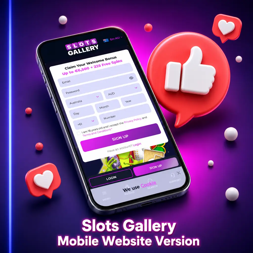 Slots Gallery mobile website on smartphone and tablet showing casino games, sports betting, and live dealer tables