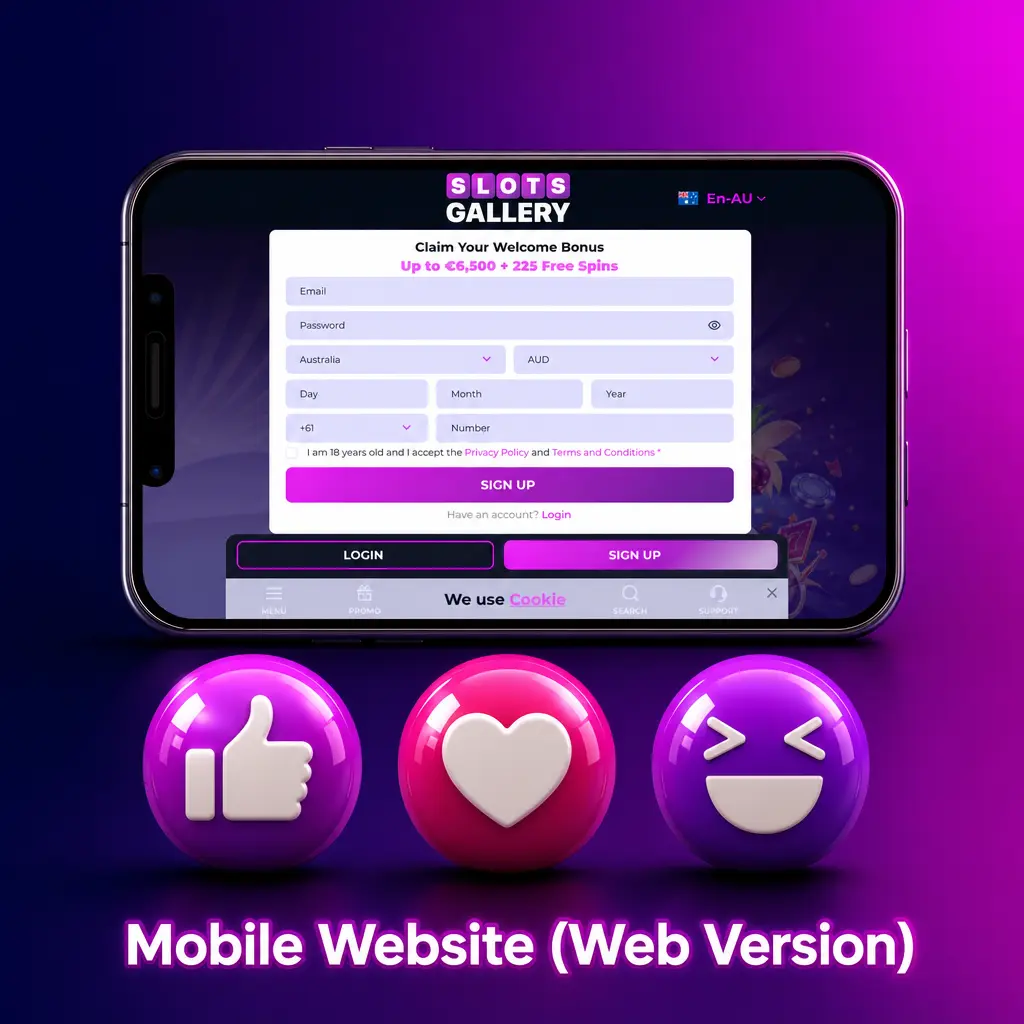 Slots Gallery mobile website interface displayed on a smartphone browser, showing full casino access without app download