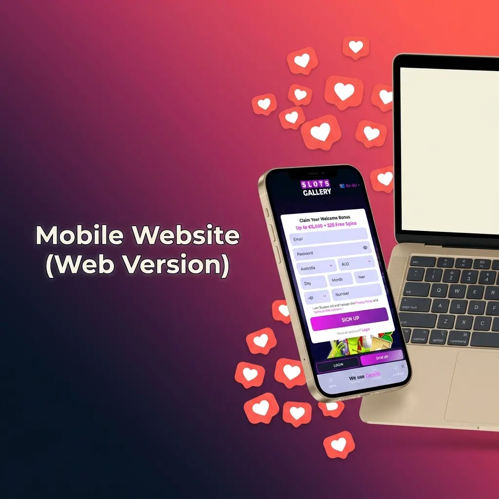 Slots Gallery mobile website interface showing full casino access via browser on Android and iOS devices