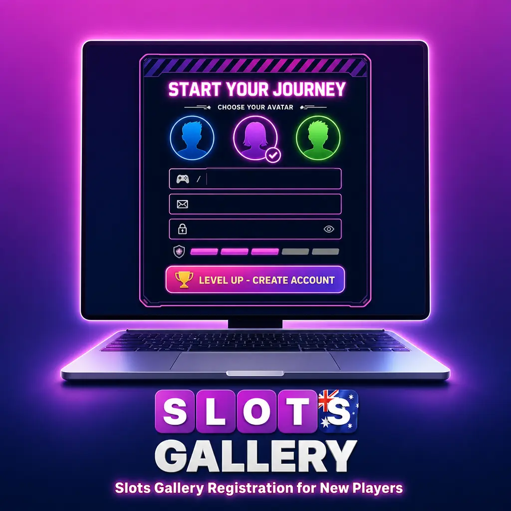 Slots Gallery new player registration form showing sign-up steps including personal details, login credentials, and email verification