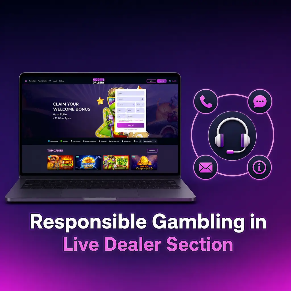 Australian player setting responsible gambling limits in Slots Gallery live dealer lobby with deposit and session controls