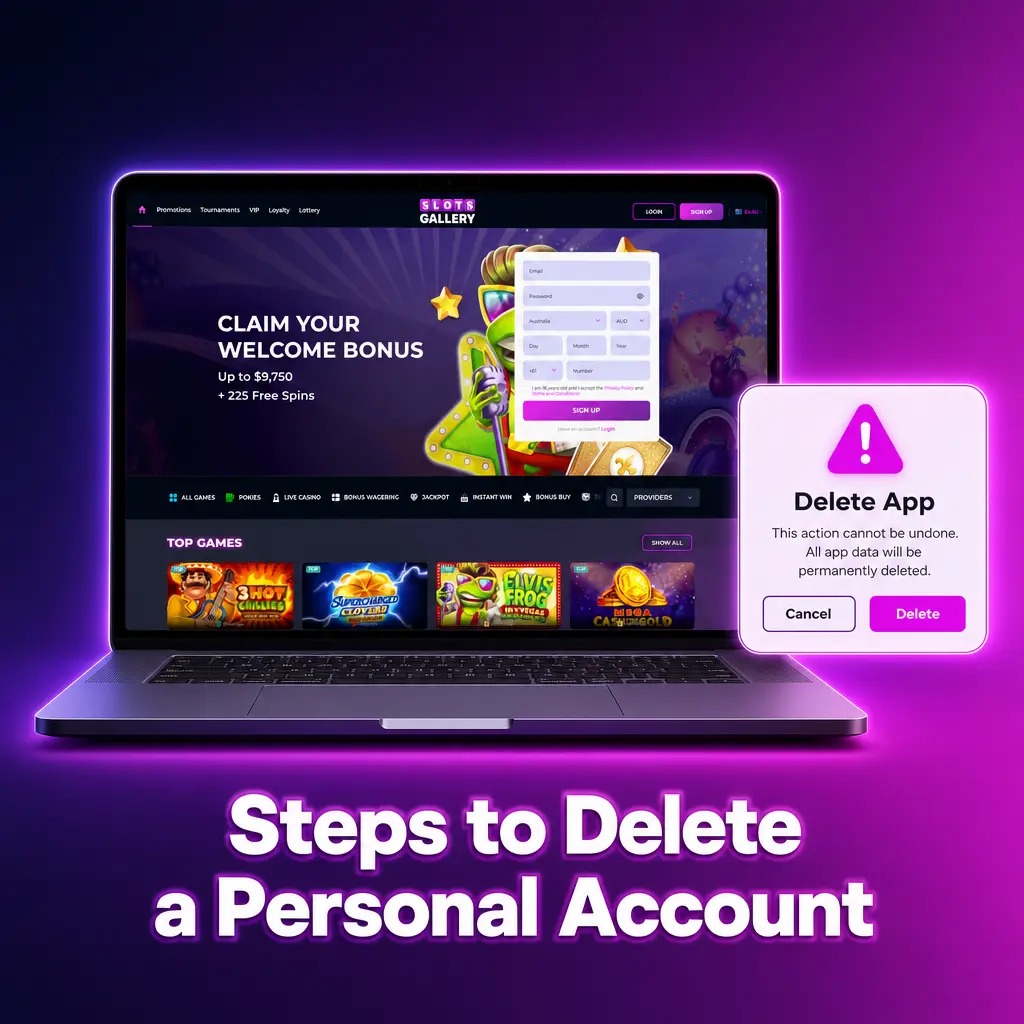 Steps to delete a personal Slots Gallery account including settings navigation, support request, and data handling process