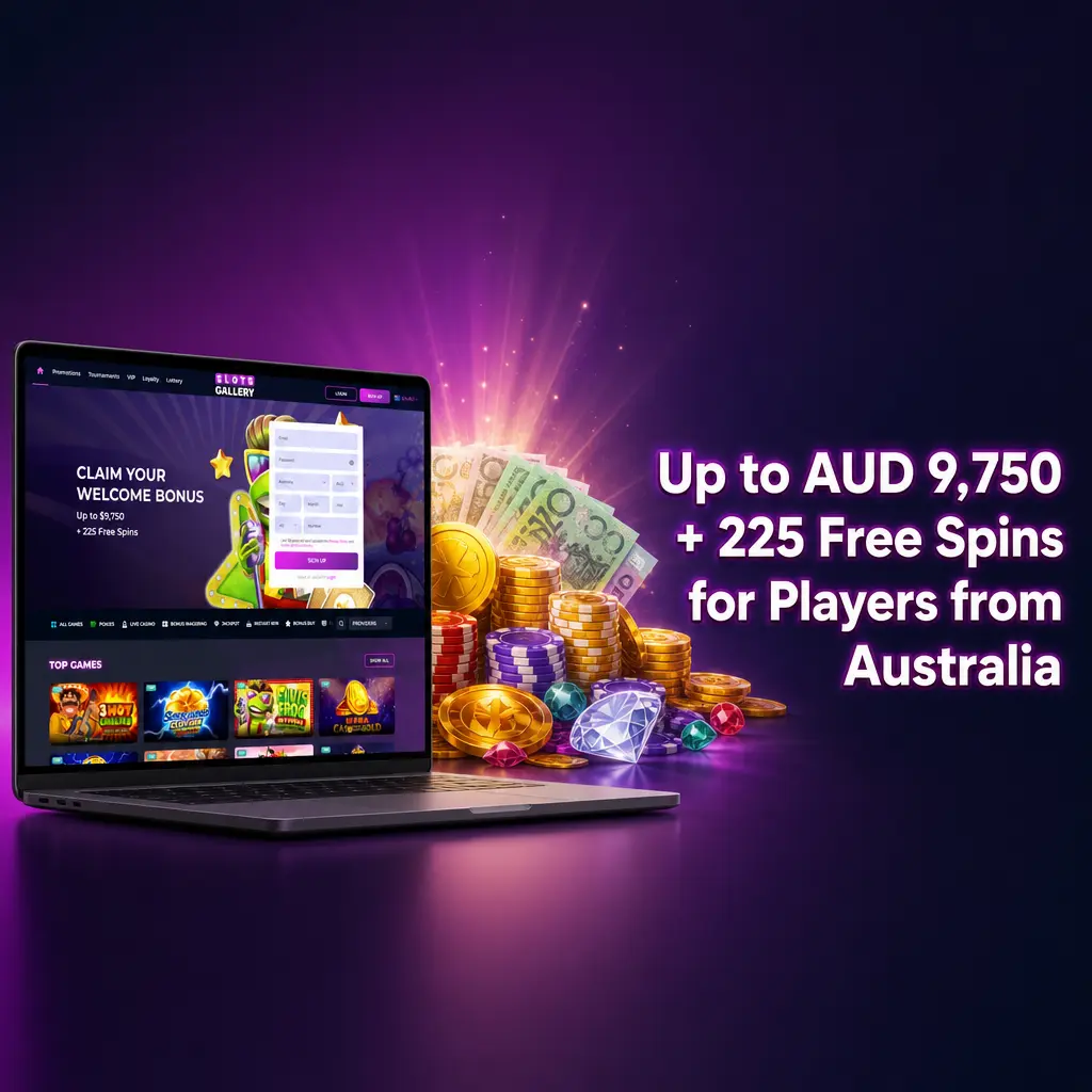 Slots Gallery welcome bonus up to AUD 9,750 plus 225 Free Spins multi-deposit package for Australian players