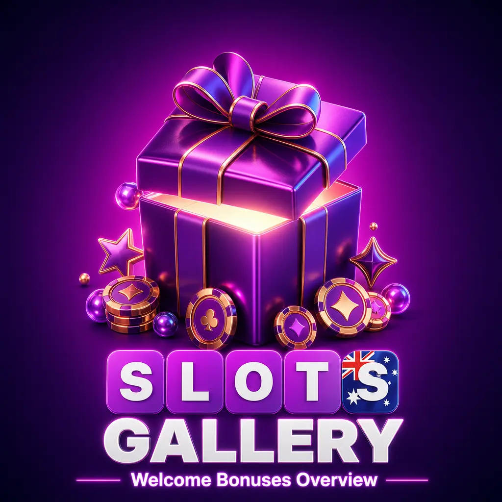 Slots Gallery multi-part welcome bonus table showing casino and sports offers up to AUD 5,250 with wagering requirements