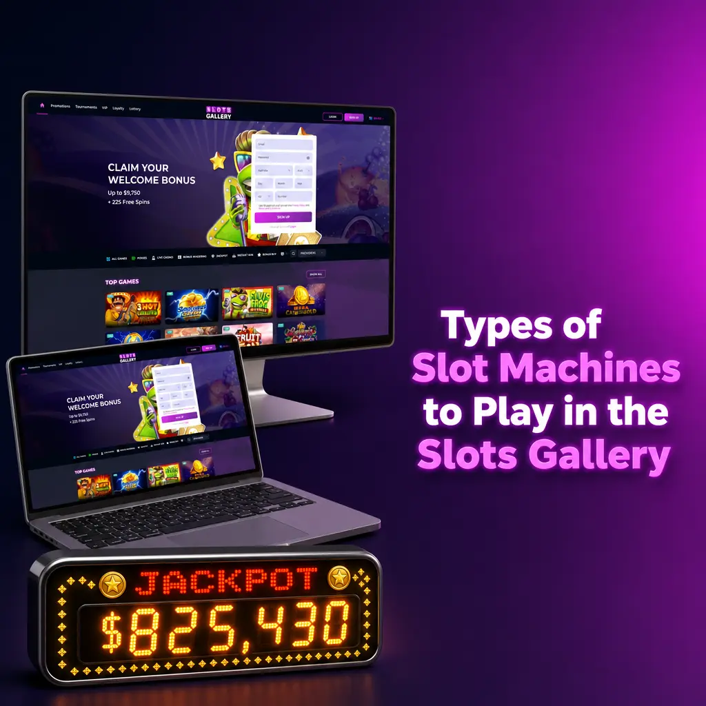 Slots Gallery casino lobby displaying 6000+ slot machine categories including classic, video, jackpot, and Megaways slots
