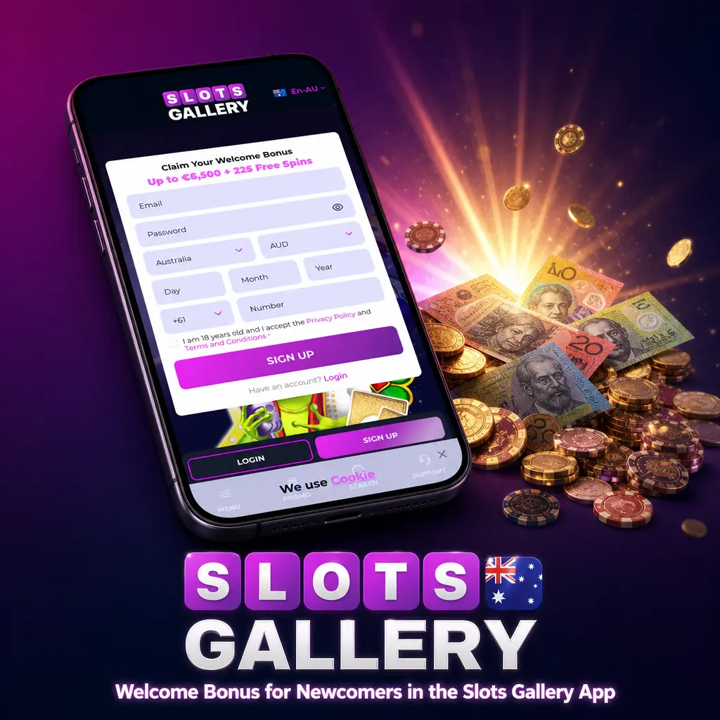 Slots Gallery app welcome bonus offer showing 100% match up to AUD 9,750 plus 225 Free Spins for new users