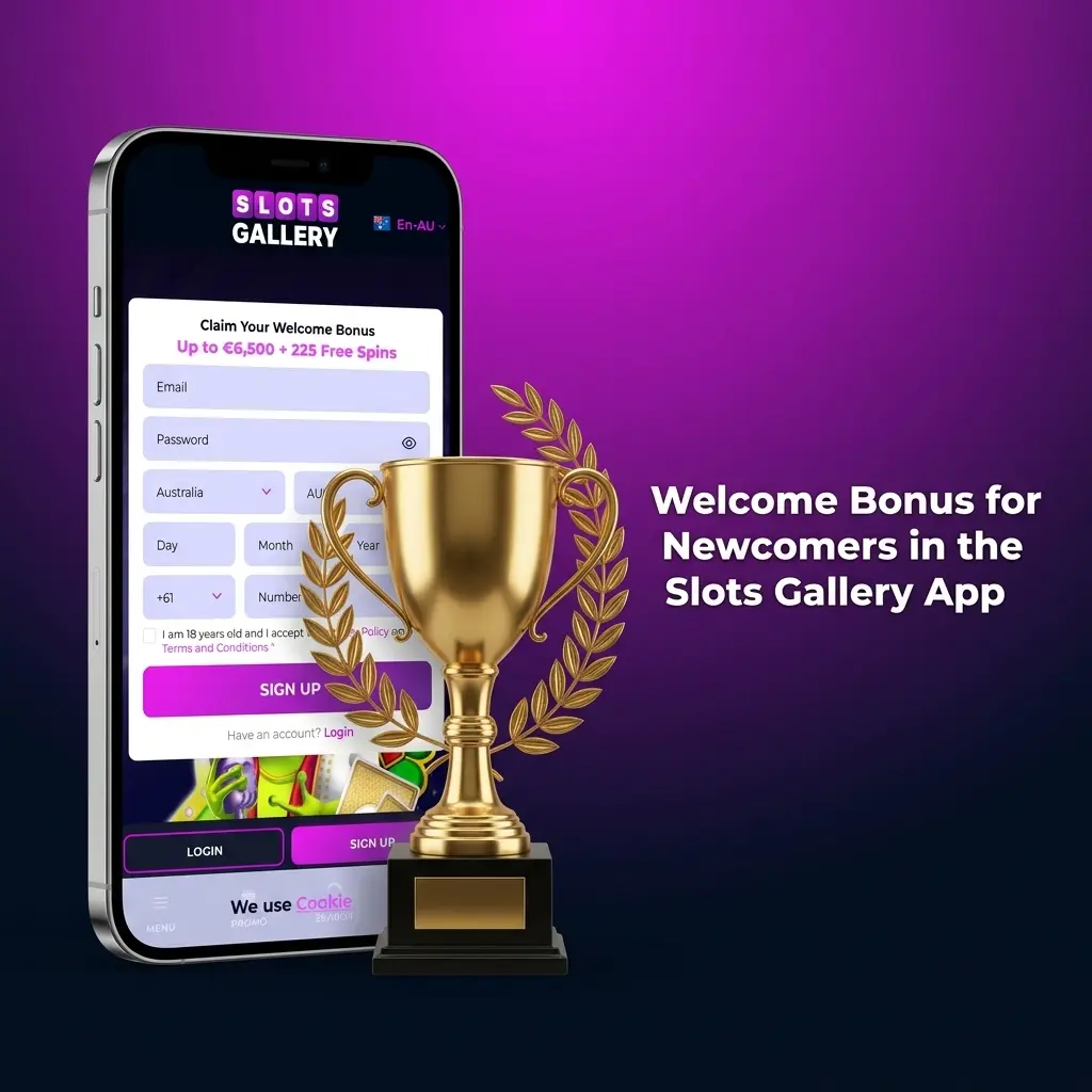 Slots Gallery app welcome bonus screen showing casino and sports bonus options for new users in Australia