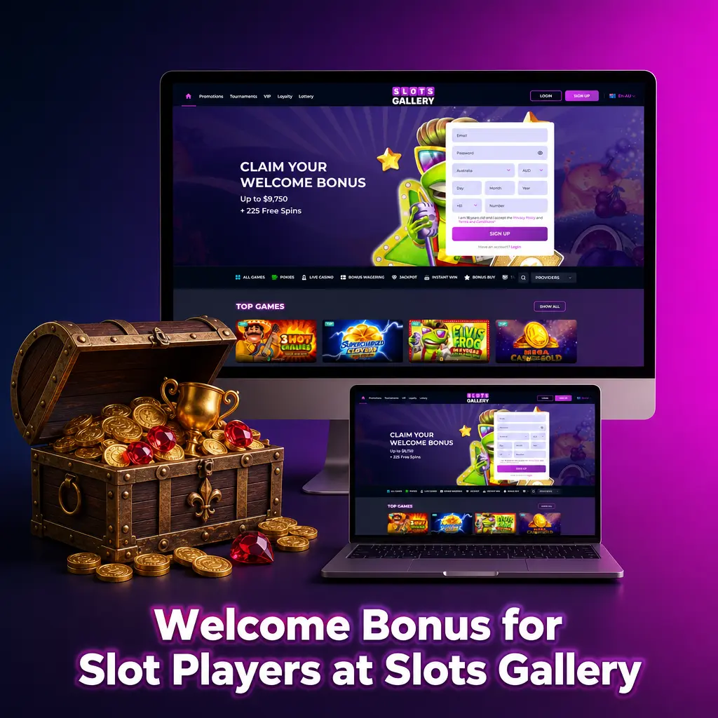Slots Gallery welcome bonus offer up to AUD 9,750 plus 225 Free Spins for new slot players