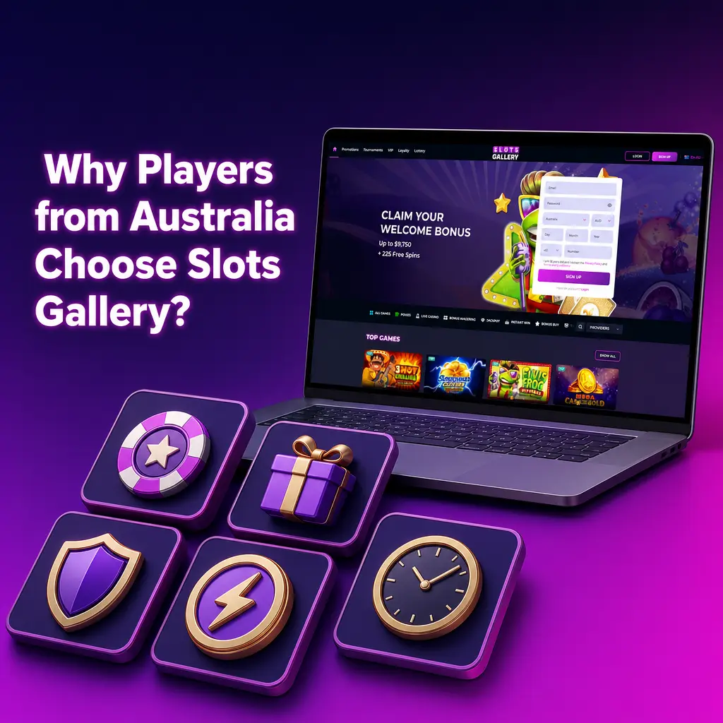 Slots Gallery casino features for Australian players including AUD support, local payments, and 7000+ games