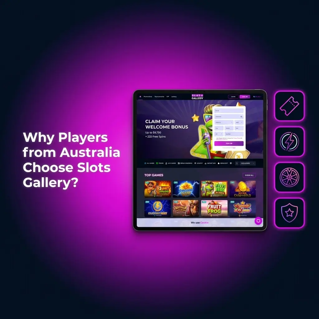 Australian players choosing Slots Gallery for AUD support, local payments, 9750 bonus, 7000 games, and mobile access